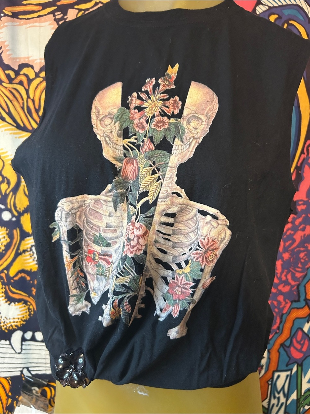 Gildan Black Muscle Tank with Floral Skeleton Graphic